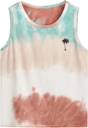 Floerns Boy's Tie Dye Sleeveless Tank Top Crewneck Hawaiian Tree Print Shirts