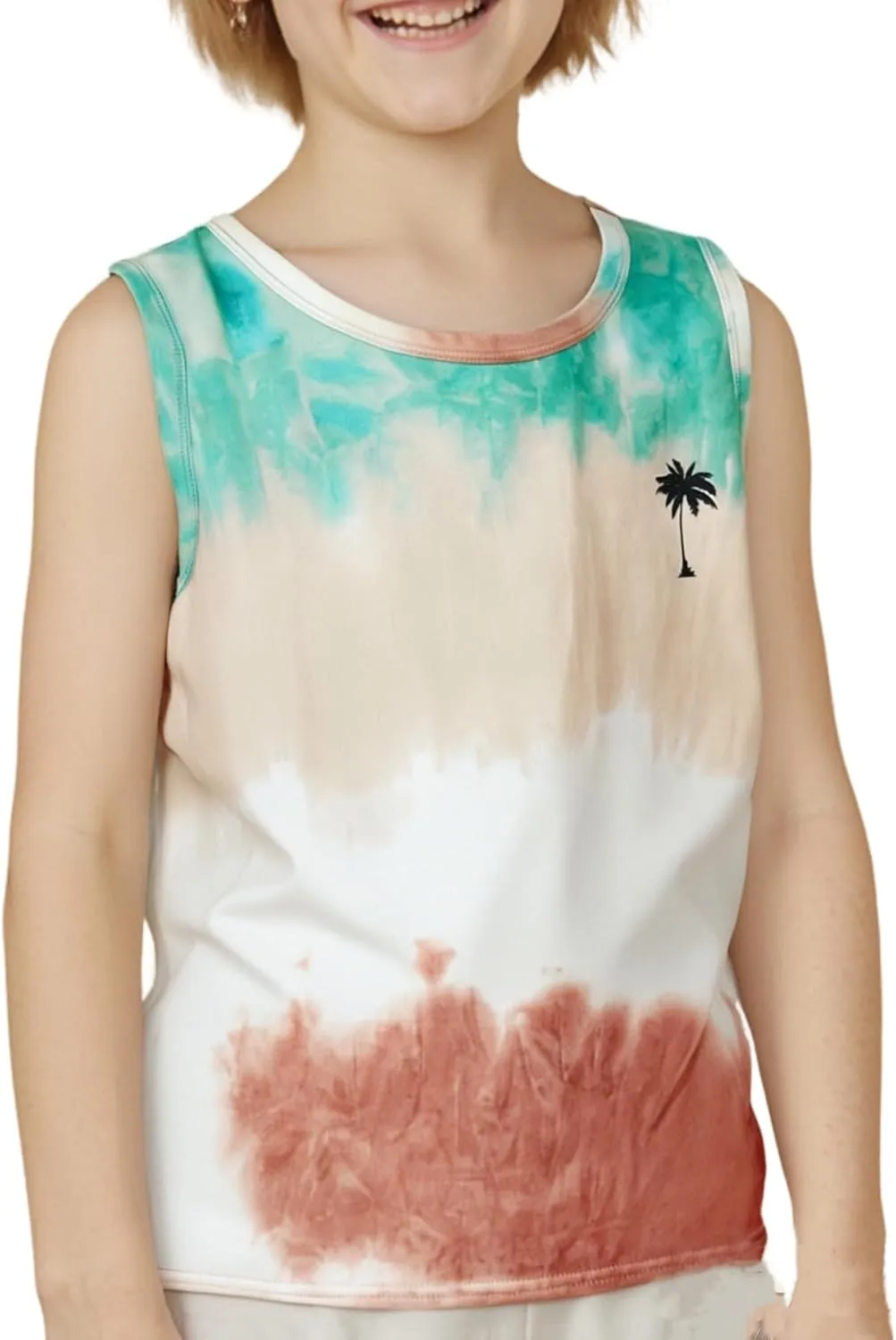 Floerns Boy's Tie Dye Sleeveless Tank Top Crewneck Hawaiian Tree Print Shirts