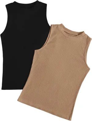 Floerns Women's 2 Piece Sleeveless Rib Knit Round Neck Camisole Tank Top