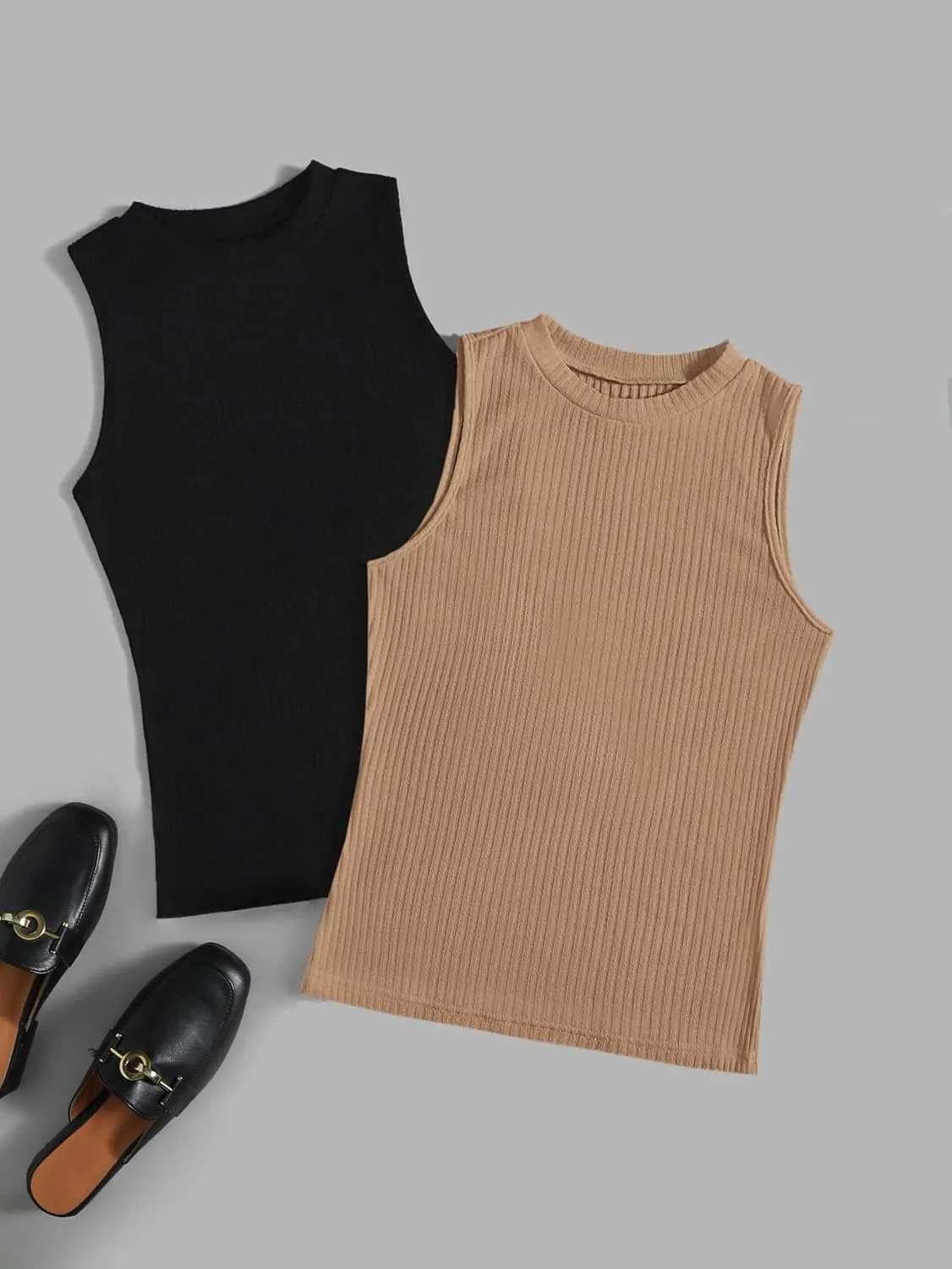 Floerns Women's 2 Piece Sleeveless Rib Knit Round Neck Camisole Tank Top