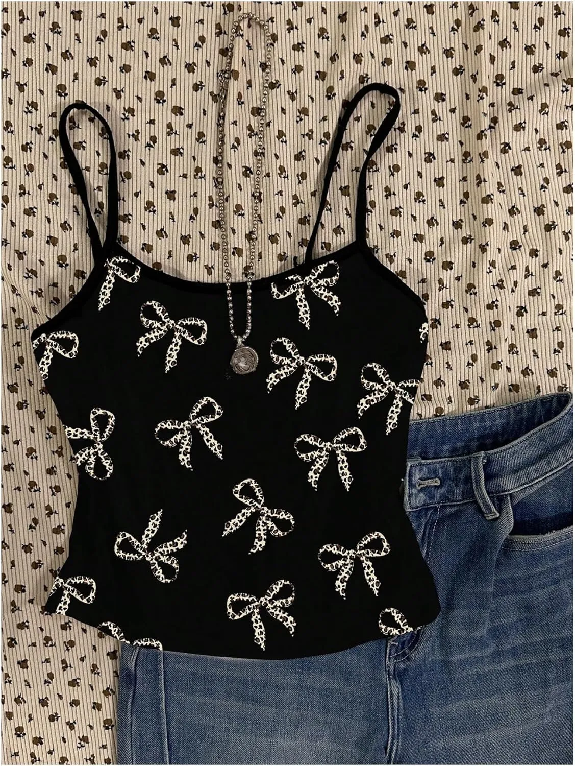 Floerns Women's Cheetah Print Crop Cami Top Leopard Sleeveless Cute Bow Camisole