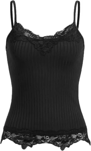 Floerns Women's Contrast Lace Spaghetti Strap Camisole Ribbed Knit Casual Cami Top