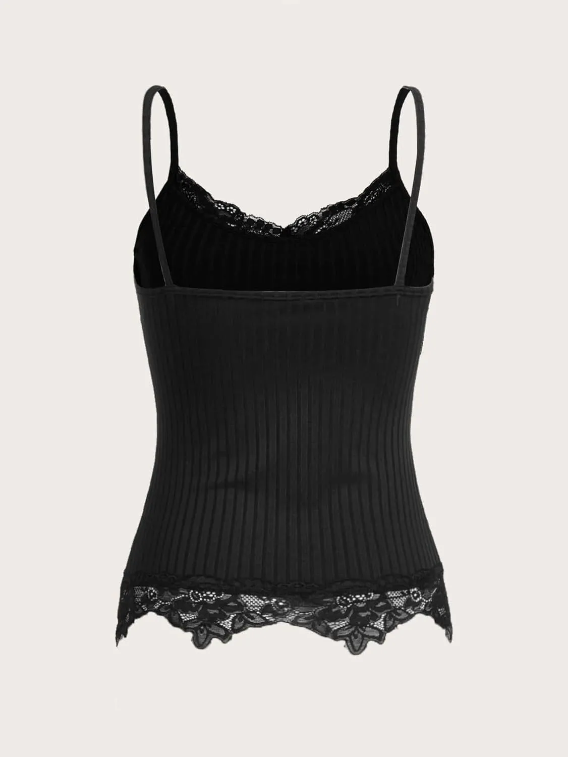 Floerns Women's Contrast Lace Spaghetti Strap Camisole Ribbed Knit Casual Cami Top