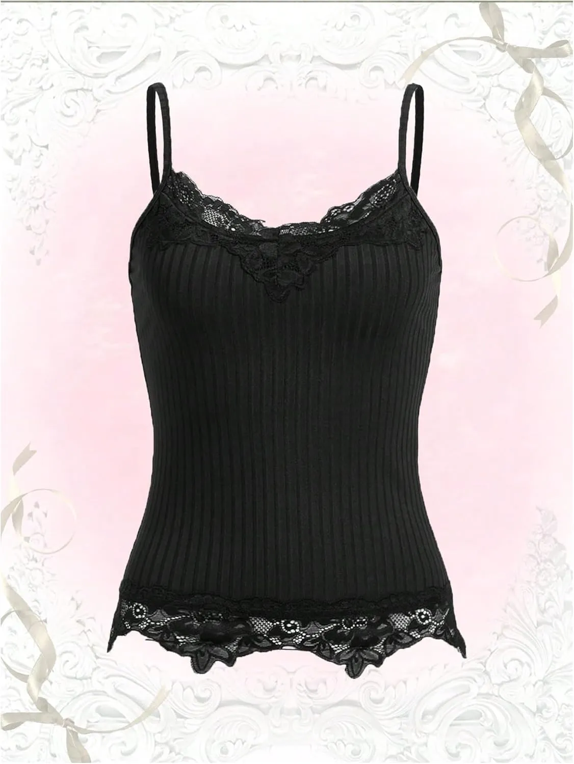 Floerns Women's Contrast Lace Spaghetti Strap Camisole Ribbed Knit Casual Cami Top