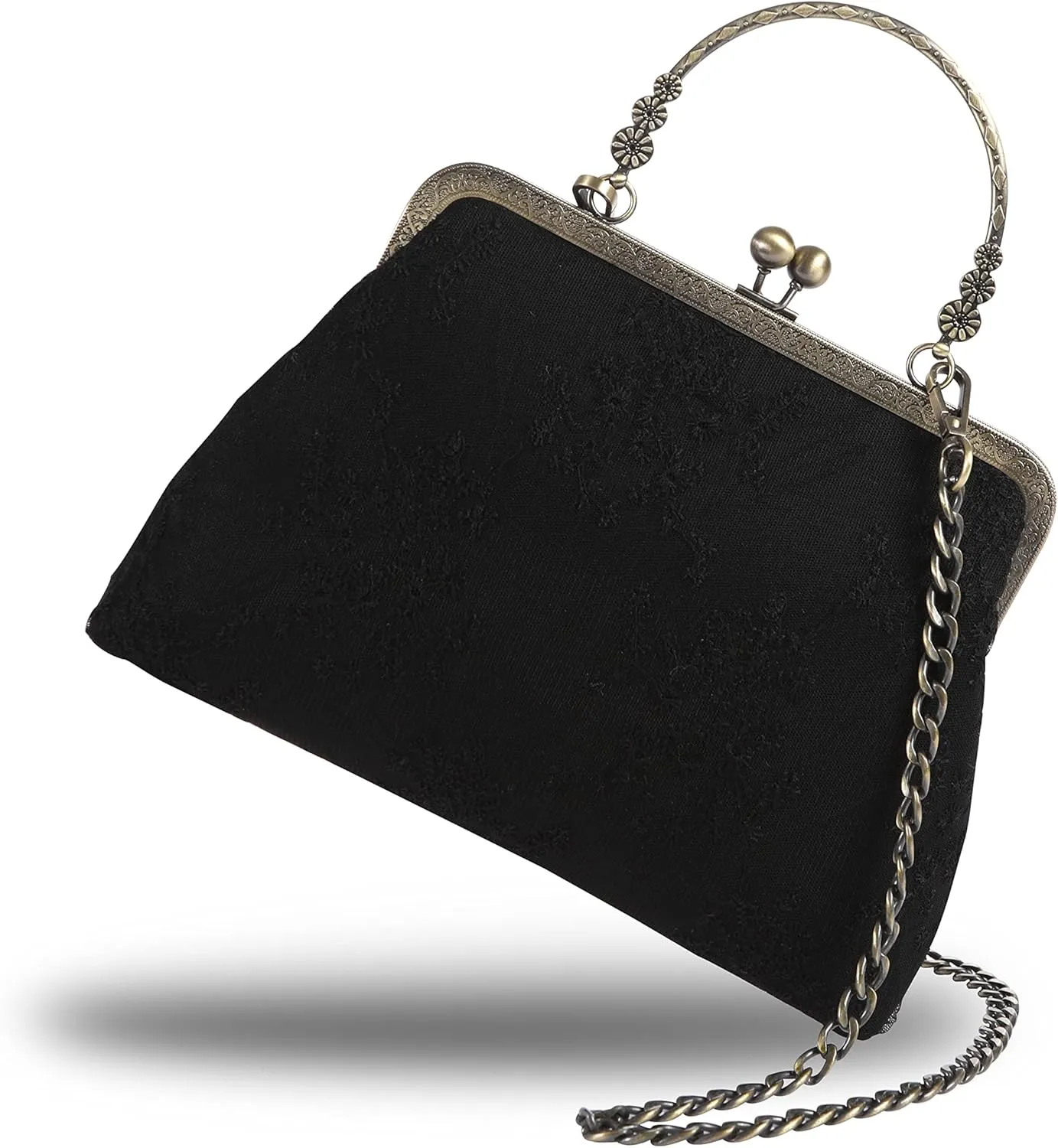Floral Top-Handle Handbag, Kiss Lock Evening Bag for Women, Vintage Handbag