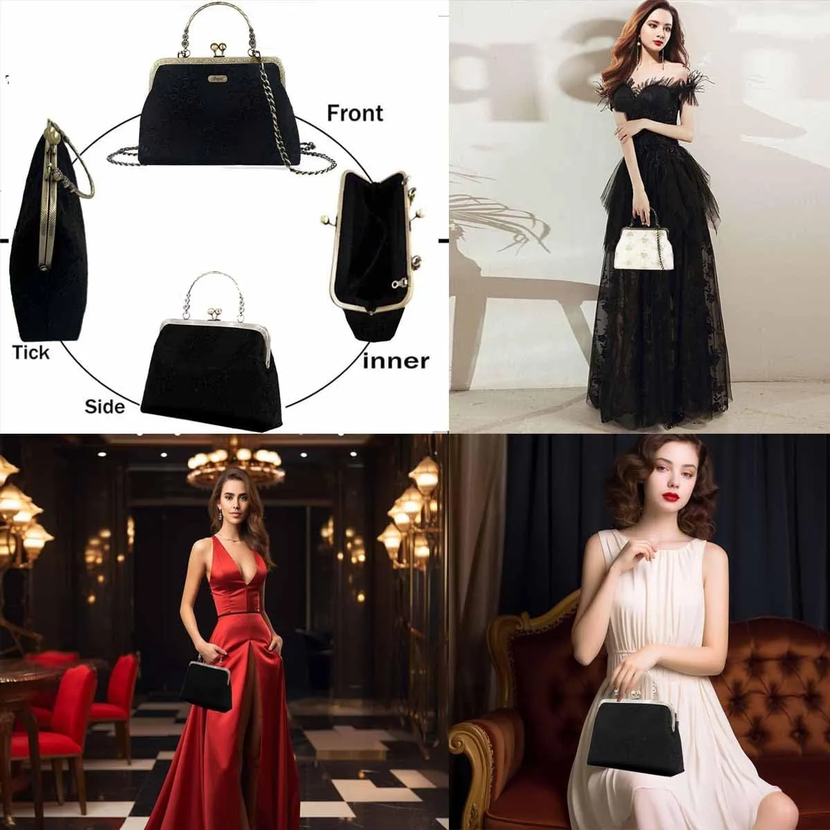 Floral Top-Handle Handbag, Kiss Lock Evening Bag for Women, Vintage Handbag
