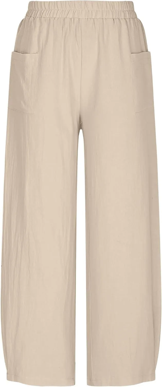 FZYLQY 2025 Womens Linen Pants Wide Leg Casual Elastic High Waisted Palazzo Pants Lounge Beach Summer Trousers with Pockets