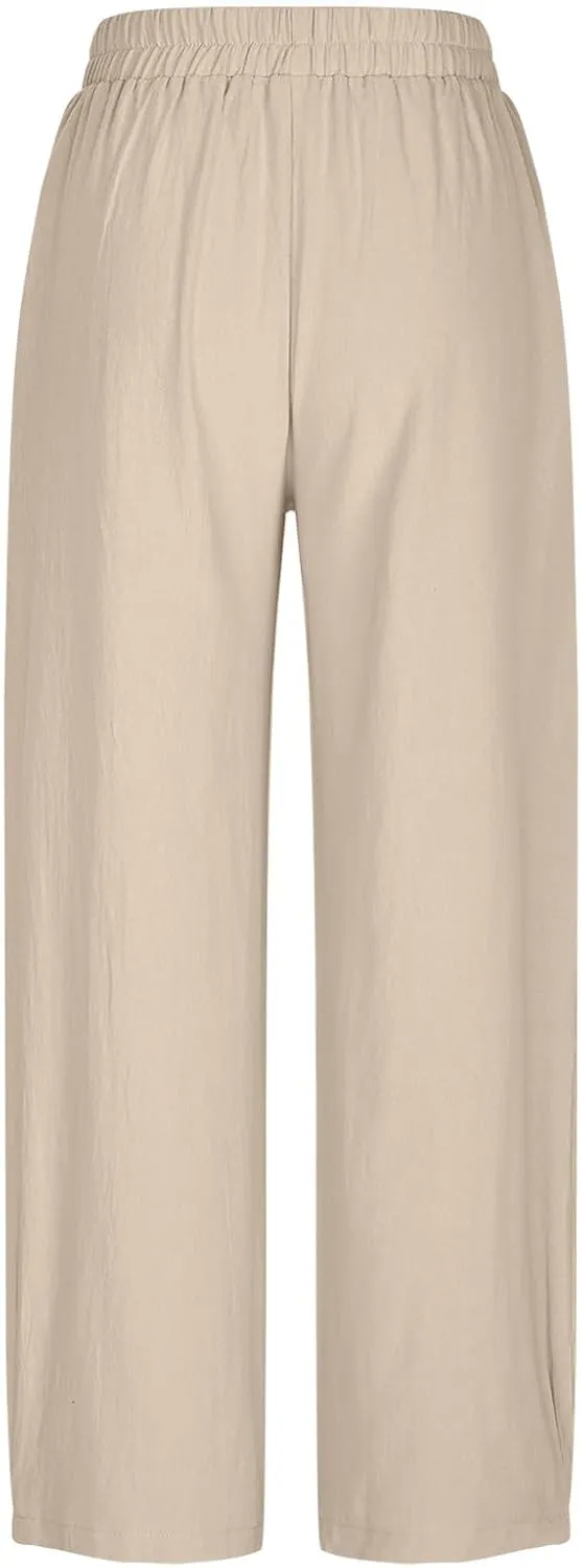 FZYLQY 2025 Womens Linen Pants Wide Leg Casual Elastic High Waisted Palazzo Pants Lounge Beach Summer Trousers with Pockets