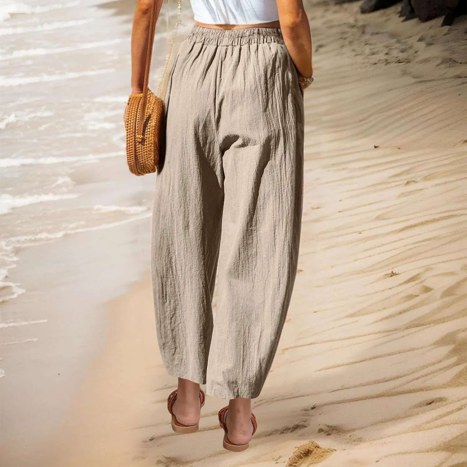 FZYLQY 2025 Womens Linen Pants Wide Leg Casual Elastic High Waisted Palazzo Pants Lounge Beach Summer Trousers with Pockets