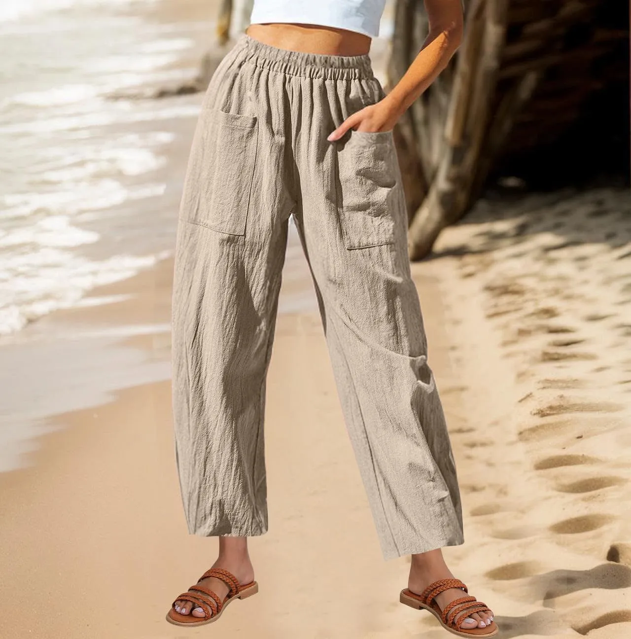 FZYLQY 2025 Womens Linen Pants Wide Leg Casual Elastic High Waisted Palazzo Pants Lounge Beach Summer Trousers with Pockets