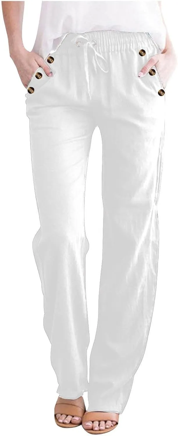 FZYLQY 2PC Womens Casual Loose Elastic Waist Linen Pants 2025 Loose Fit Trousers with Pockets Loose Flowy Yoga Sweatpants