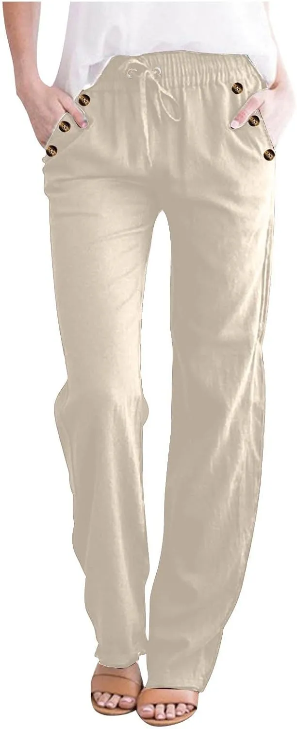 FZYLQY 2PC Womens Casual Loose Elastic Waist Linen Pants 2025 Loose Fit Trousers with Pockets Loose Flowy Yoga Sweatpants