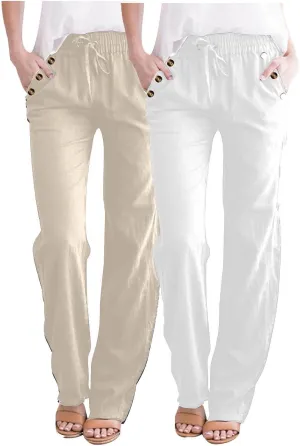 FZYLQY 2PC Womens Casual Loose Elastic Waist Linen Pants 2025 Loose Fit Trousers with Pockets Loose Flowy Yoga Sweatpants