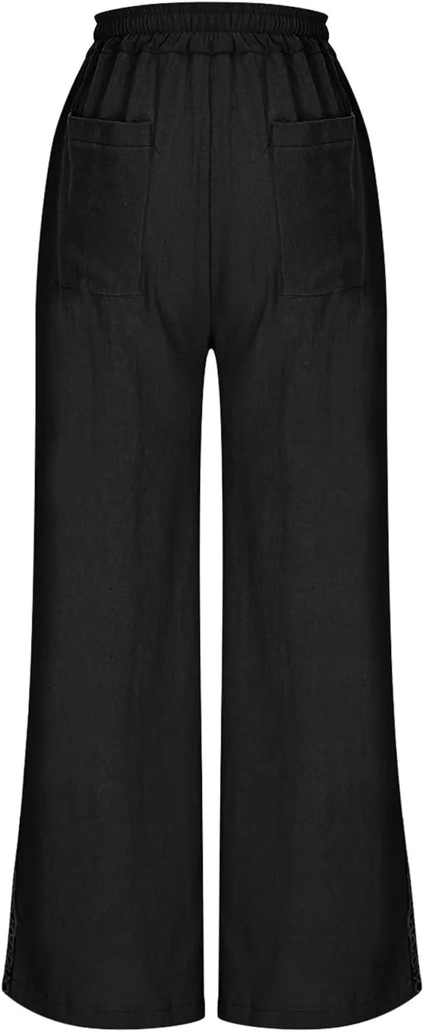 FZYLQY Women's Cotton Linen Pants Straight Leg Elastic Drawstring Casual Trousers with Pockets Summer Beach Lounge Pants