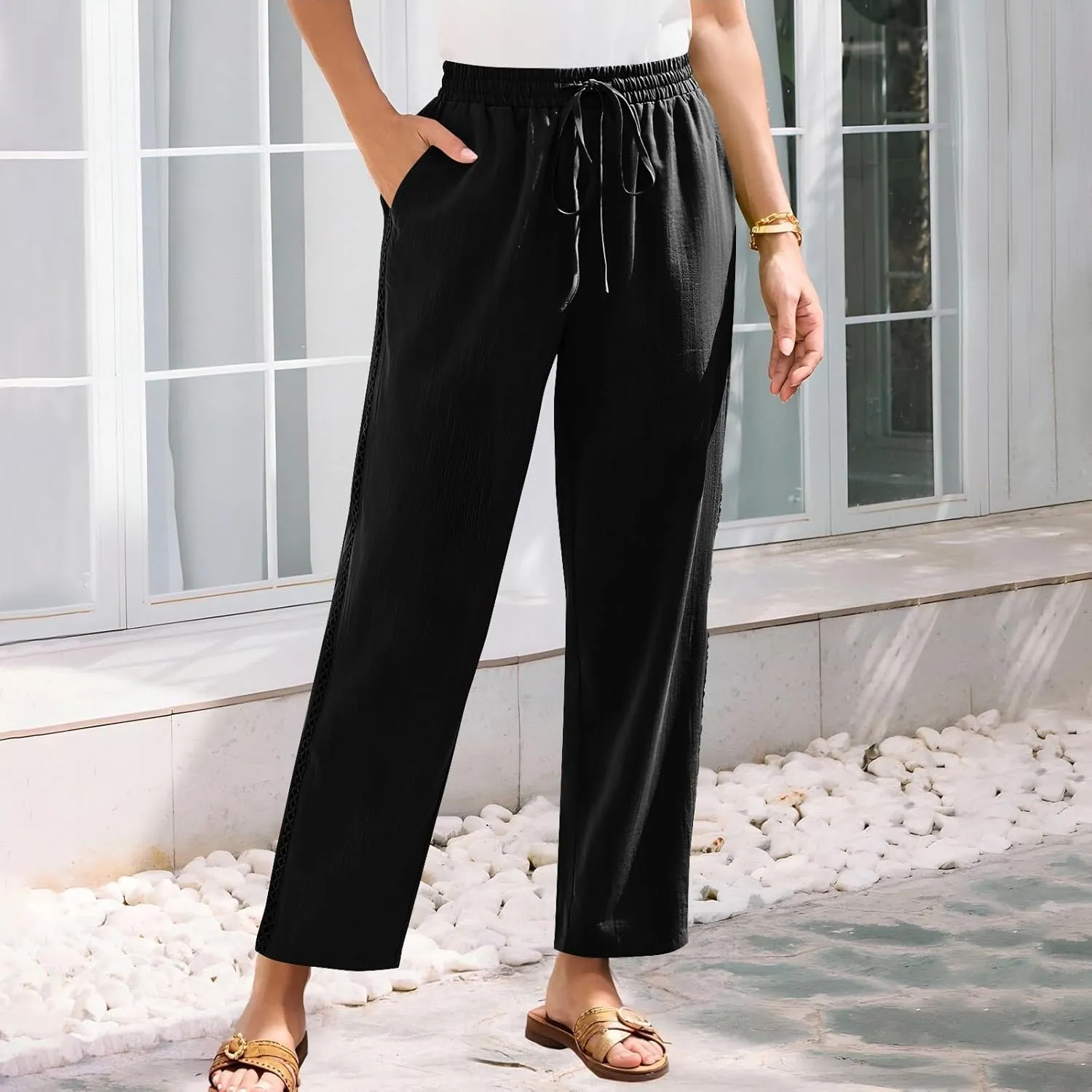 FZYLQY Women's Cotton Linen Pants Straight Leg Elastic Drawstring Casual Trousers with Pockets Summer Beach Lounge Pants