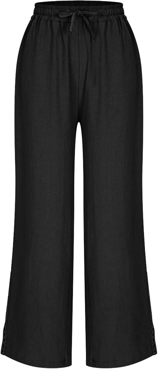FZYLQY Women's Cotton Linen Pants Straight Leg Elastic Drawstring Casual Trousers with Pockets Summer Beach Lounge Pants