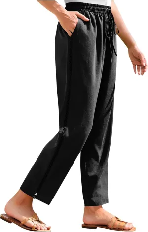 FZYLQY Women's Cotton Linen Pants Straight Leg Elastic Drawstring Casual Trousers with Pockets Summer Beach Lounge Pants