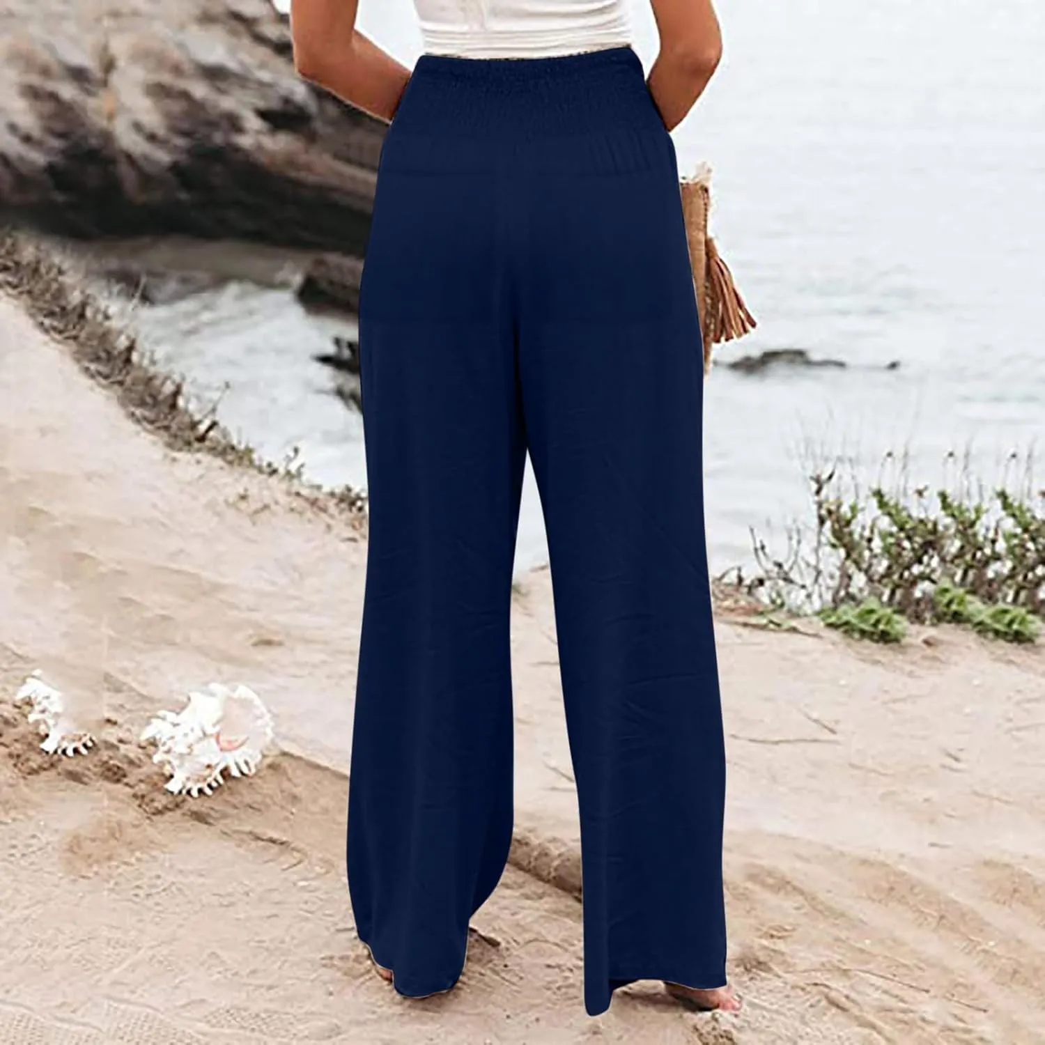 FZYLQY Womens Linen Pants 2025 Summer Casual Boho Loose Wide Leg Palazzo Pants Smocked High Waist Flowy Beach Yoga Trousers