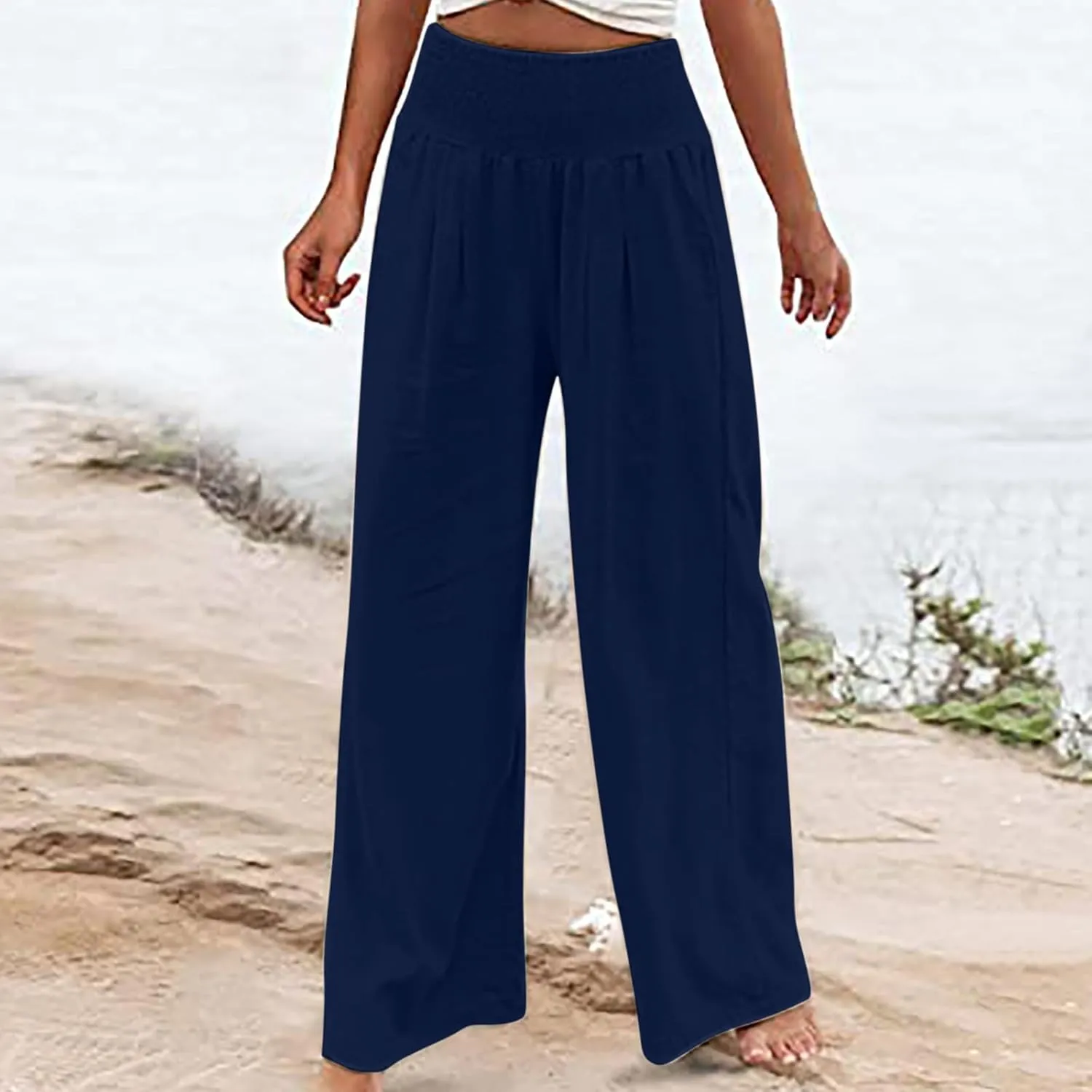 FZYLQY Womens Linen Pants 2025 Summer Casual Boho Loose Wide Leg Palazzo Pants Smocked High Waist Flowy Beach Yoga Trousers