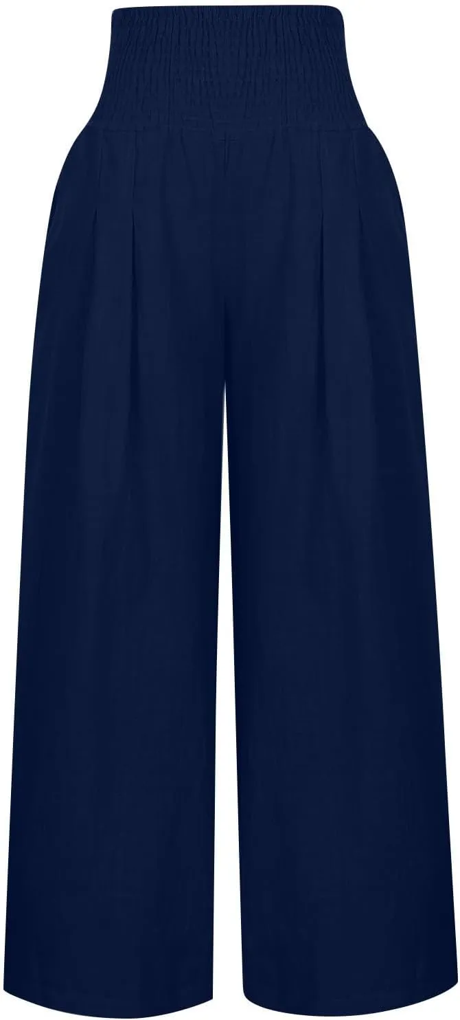 FZYLQY Womens Linen Pants 2025 Summer Casual Boho Loose Wide Leg Palazzo Pants Smocked High Waist Flowy Beach Yoga Trousers