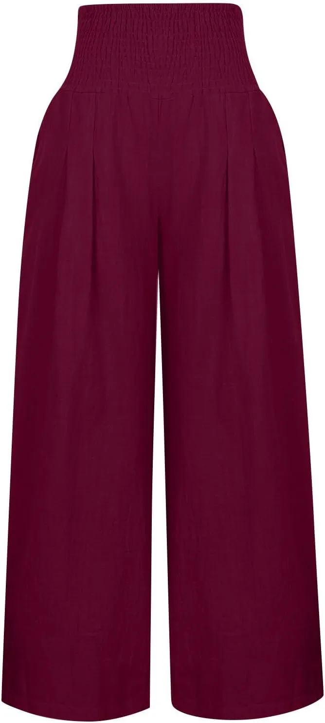 FZYLQY Womens Linen Pants 2025 Summer Casual Boho Loose Wide Leg Palazzo Pants Smocked High Waist Flowy Beach Yoga Trousers