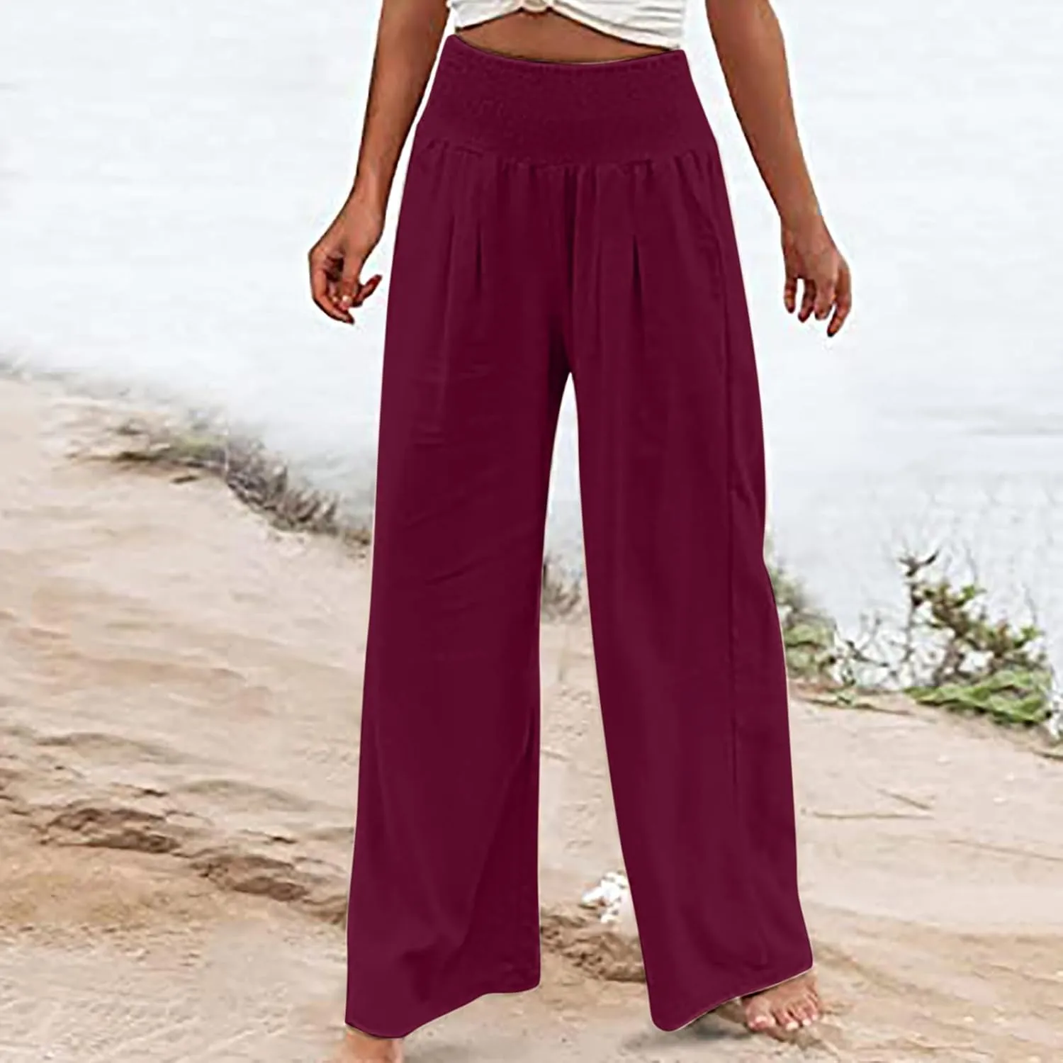 FZYLQY Womens Linen Pants 2025 Summer Casual Boho Loose Wide Leg Palazzo Pants Smocked High Waist Flowy Beach Yoga Trousers