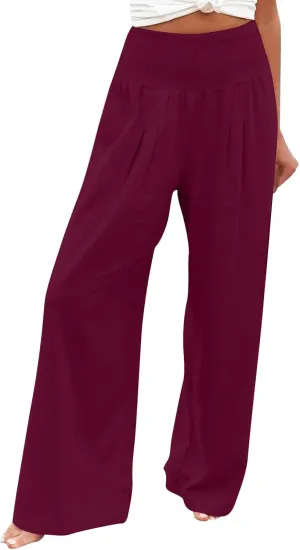 FZYLQY Womens Linen Pants 2025 Summer Casual Boho Loose Wide Leg Palazzo Pants Smocked High Waist Flowy Beach Yoga Trousers