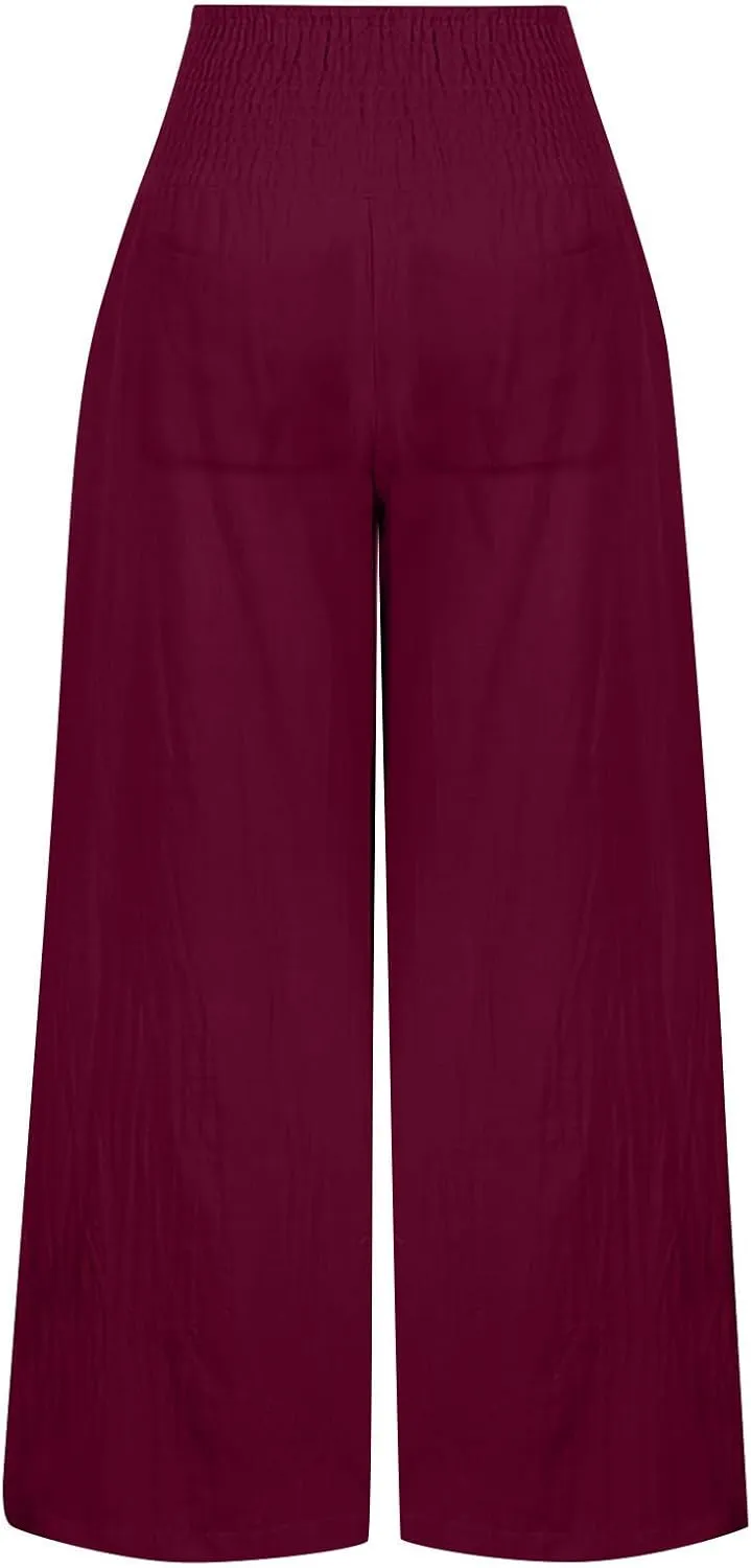 FZYLQY Womens Linen Pants 2025 Summer Casual Boho Loose Wide Leg Palazzo Pants Smocked High Waist Flowy Beach Yoga Trousers