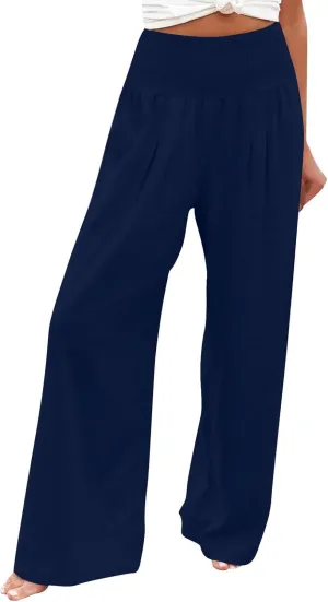 FZYLQY Womens Linen Pants 2025 Summer Casual Boho Loose Wide Leg Palazzo Pants Smocked High Waist Flowy Beach Yoga Trousers