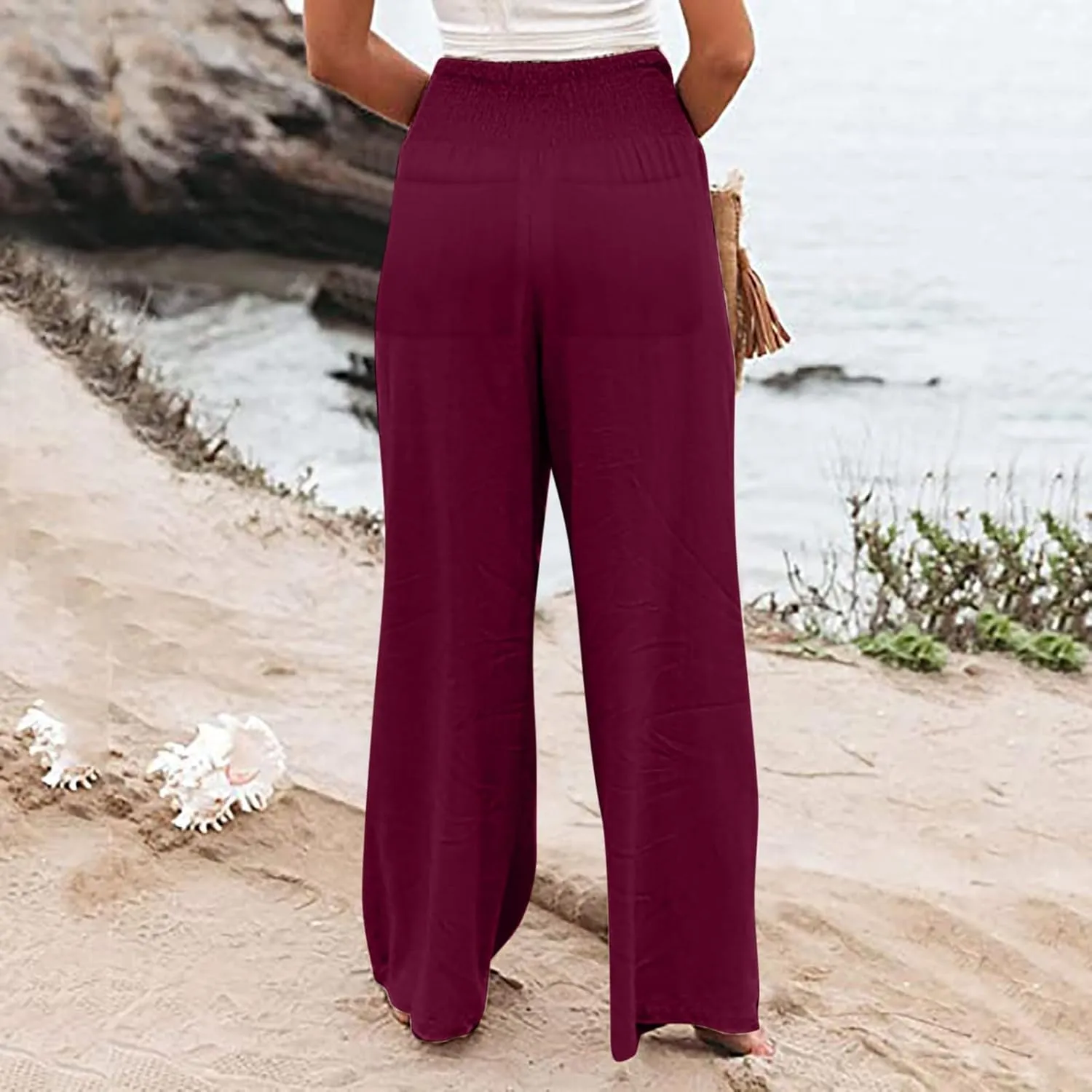 FZYLQY Womens Linen Pants 2025 Summer Casual Boho Loose Wide Leg Palazzo Pants Smocked High Waist Flowy Beach Yoga Trousers