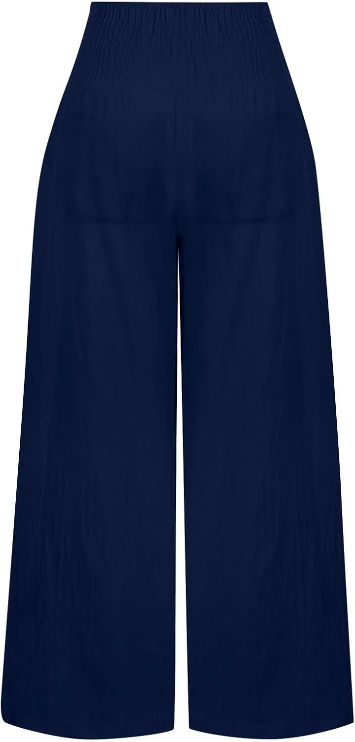 FZYLQY Womens Linen Pants 2025 Summer Casual Boho Loose Wide Leg Palazzo Pants Smocked High Waist Flowy Beach Yoga Trousers