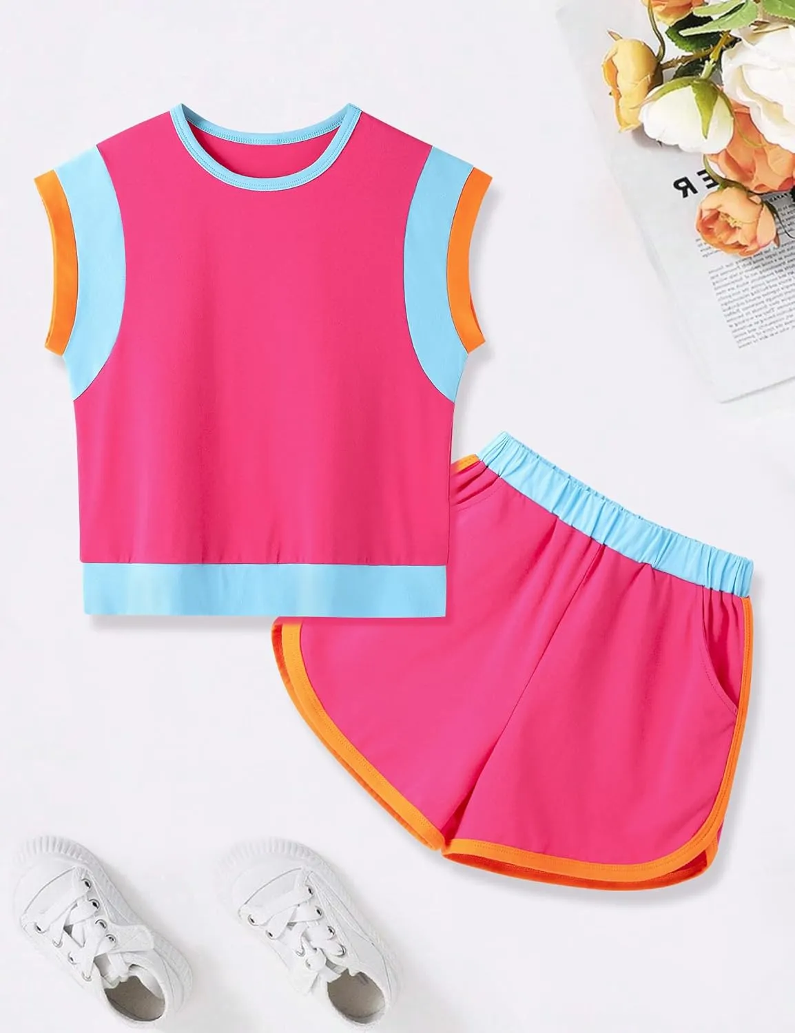 Girls Clothes Color Block Sleeveless Tank Top with Shorts 2PCS Summer Outfits