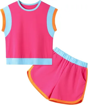 Girls Clothes Color Block Sleeveless Tank Top with Shorts 2PCS Summer Outfits