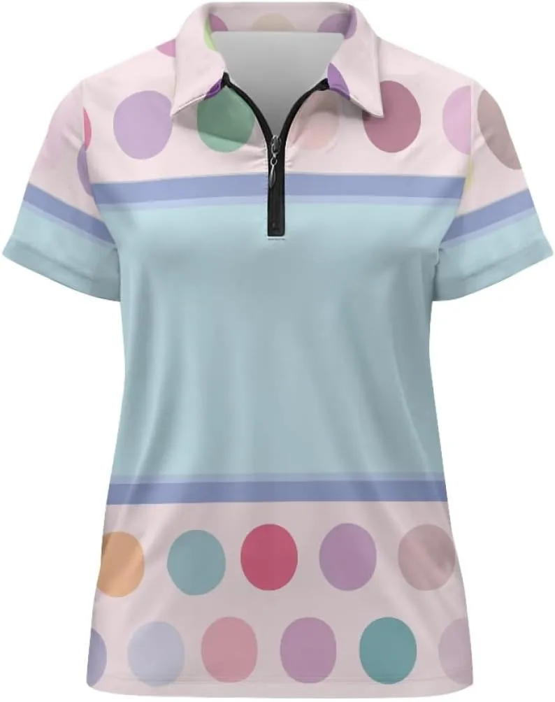 GLUDEAR Womens Polka Dots Golf Shirts Short Sleeve Sun Protection Golf Shirts Quick Dry Zipper Collared Polos