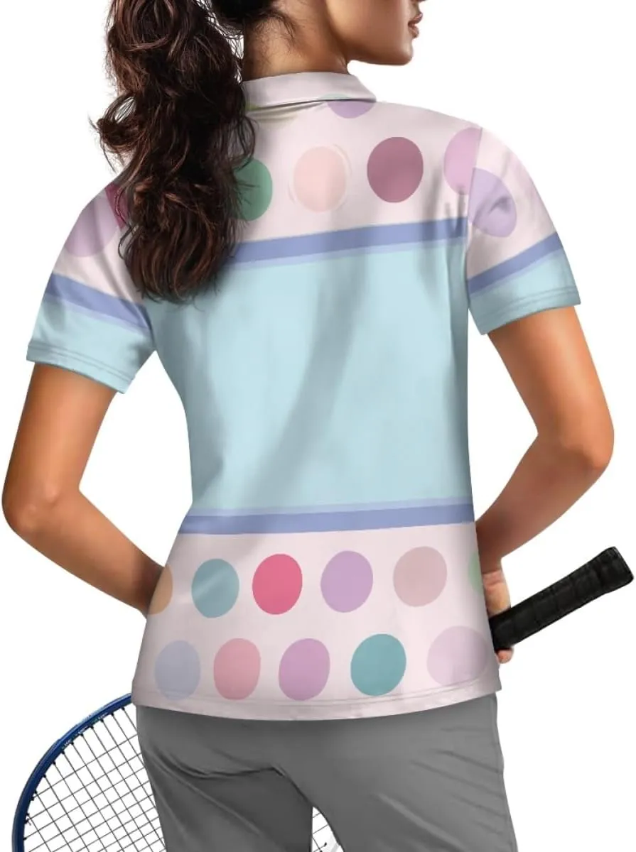 GLUDEAR Womens Polka Dots Golf Shirts Short Sleeve Sun Protection Golf Shirts Quick Dry Zipper Collared Polos