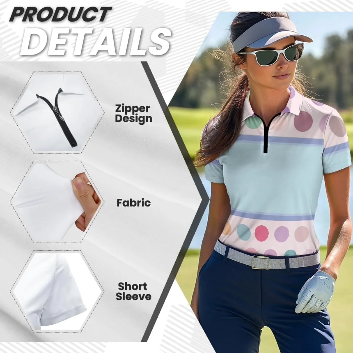 GLUDEAR Womens Polka Dots Golf Shirts Short Sleeve Sun Protection Golf Shirts Quick Dry Zipper Collared Polos