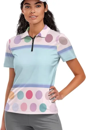 GLUDEAR Womens Polka Dots Golf Shirts Short Sleeve Sun Protection Golf Shirts Quick Dry Zipper Collared Polos