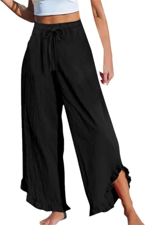 GOKKILRW Women Linen Pants Summer Wide Leg Beach Capris Lightweight High Waist Ruffle Flowy Palazzo Pant Boho Casual Trousers