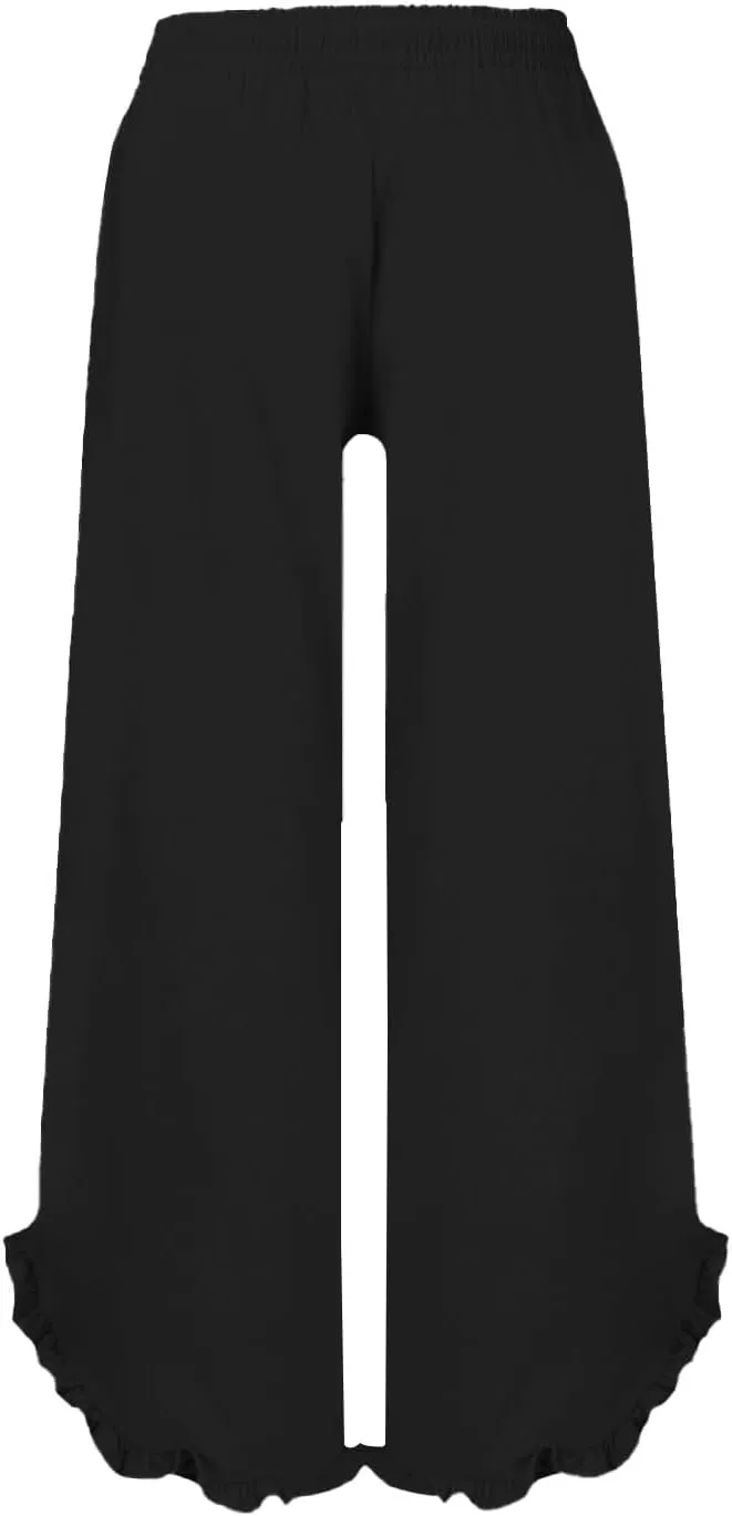 GOKKILRW Women Linen Pants Summer Wide Leg Beach Capris Lightweight High Waist Ruffle Flowy Palazzo Pant Boho Casual Trousers
