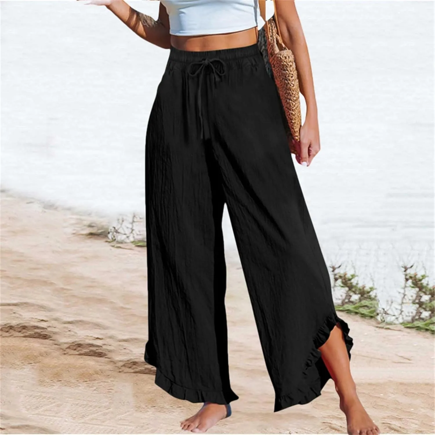GOKKILRW Women Linen Pants Summer Wide Leg Beach Capris Lightweight High Waist Ruffle Flowy Palazzo Pant Boho Casual Trousers