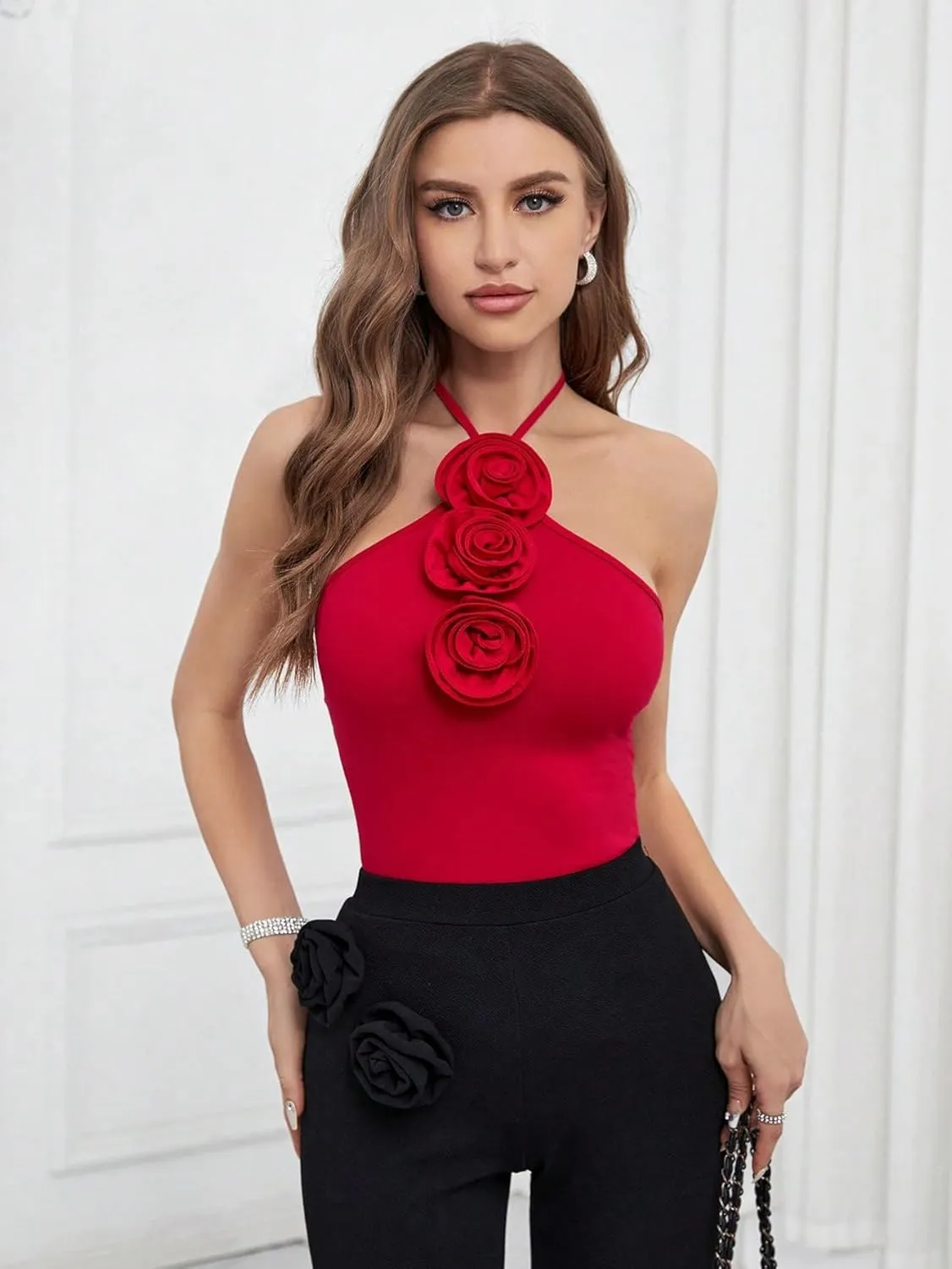 GORGLITTER Women's Floral 3D Flower Cami Halter Top Sexy Backless Sleeveless Camisole