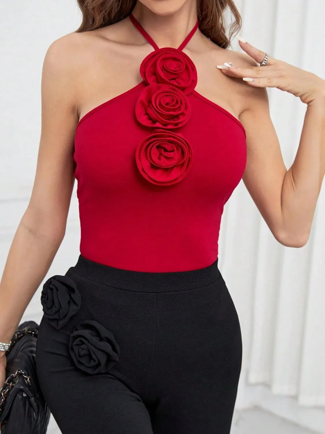 GORGLITTER Women's Floral 3D Flower Cami Halter Top Sexy Backless Sleeveless Camisole