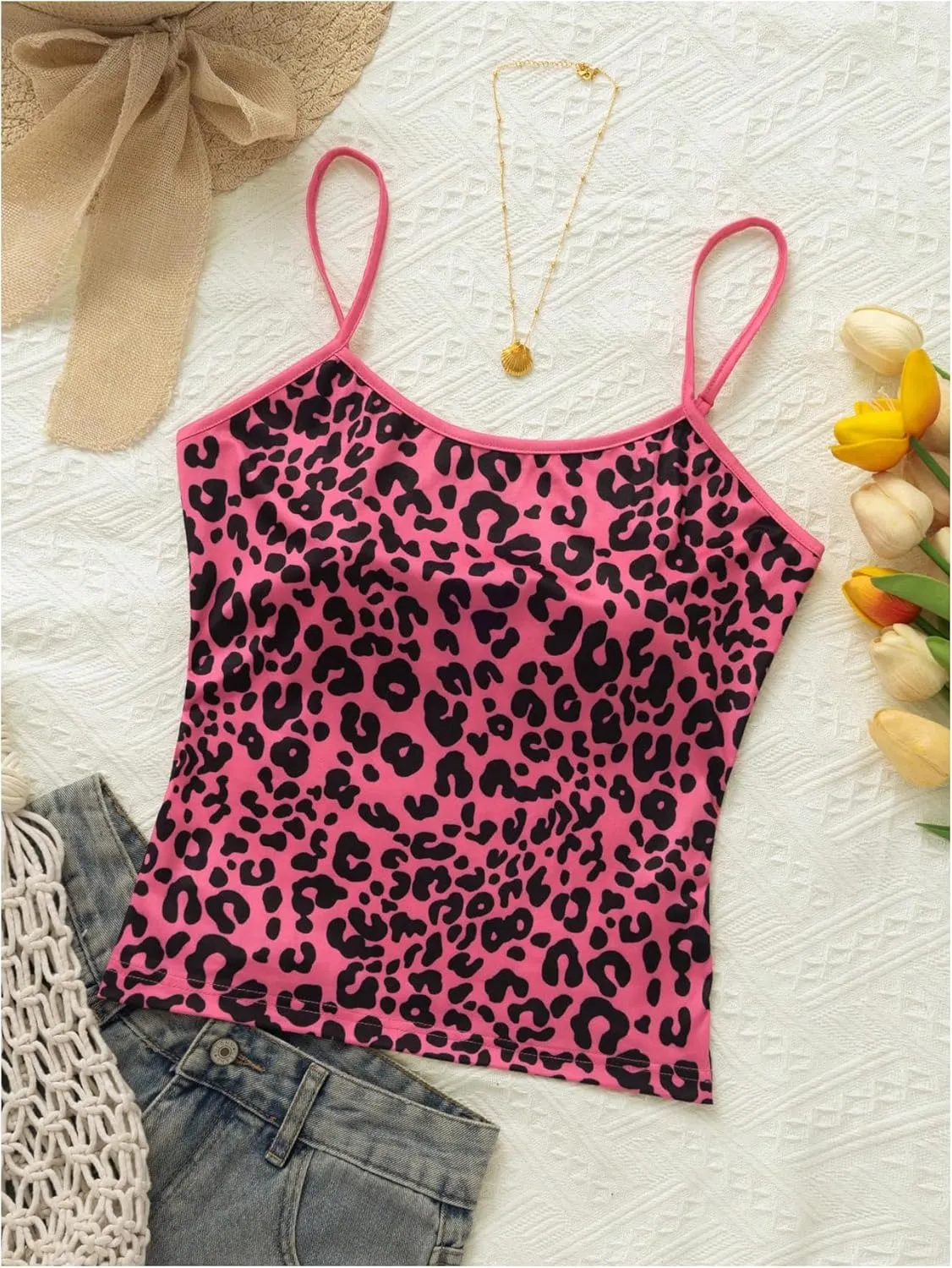 GORGLITTER Women's Y2k Leopard Crop Cami Top Spaghetti Strap Sleeveless Cheetah Camisole