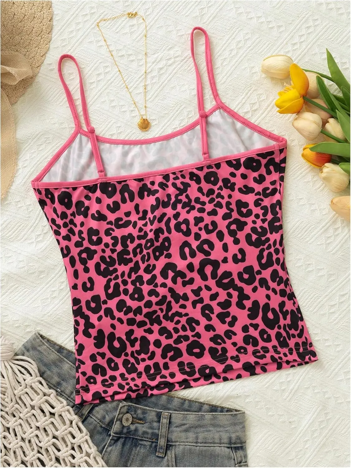 GORGLITTER Women's Y2k Leopard Crop Cami Top Spaghetti Strap Sleeveless Cheetah Camisole