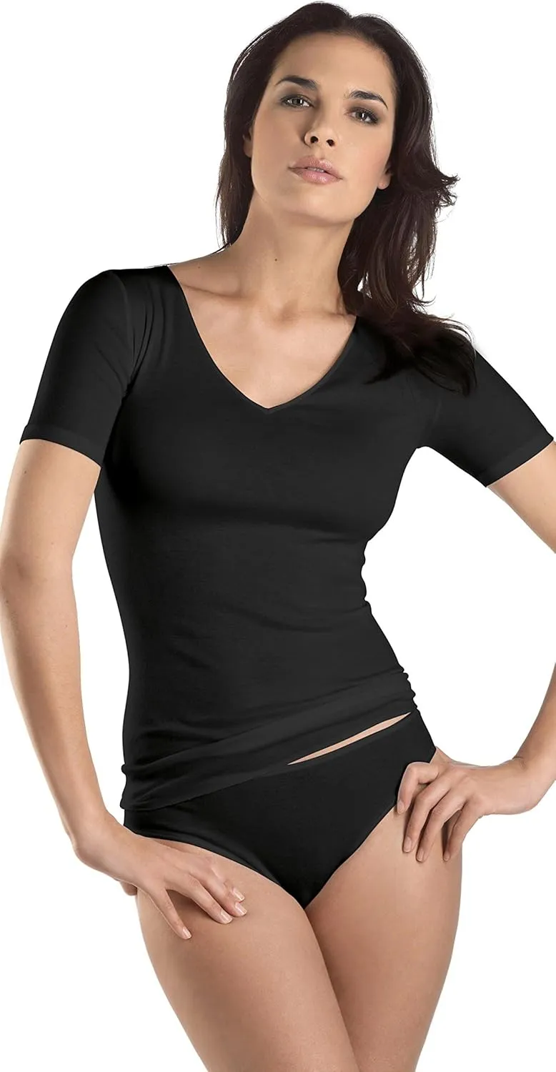 HANRO Women's Cotton Seamless Short Sleeve V-Neck Shirt 71603