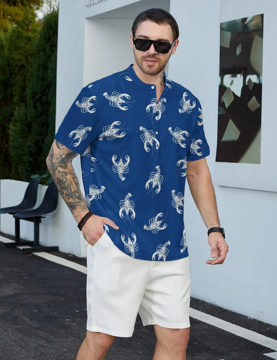 Hawaiian Mens Henley Polo Shirts Short Sleeve Quick Dry Funny Print Casual Collarless Golf Shirts for Men