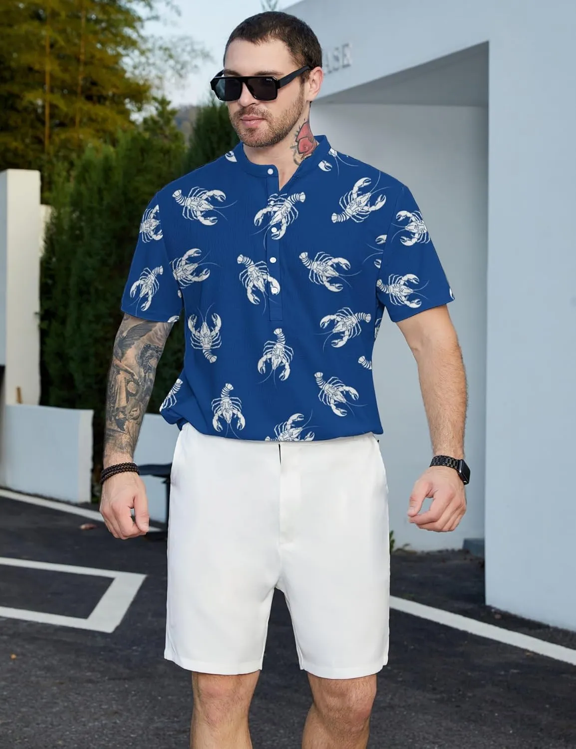 Hawaiian Mens Henley Polo Shirts Short Sleeve Quick Dry Funny Print Casual Collarless Golf Shirts for Men