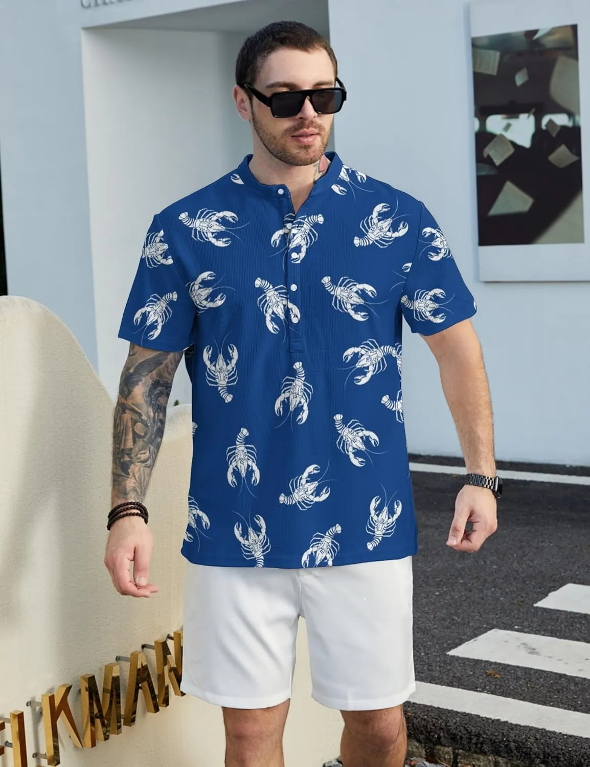 Hawaiian Mens Henley Polo Shirts Short Sleeve Quick Dry Funny Print Casual Collarless Golf Shirts for Men