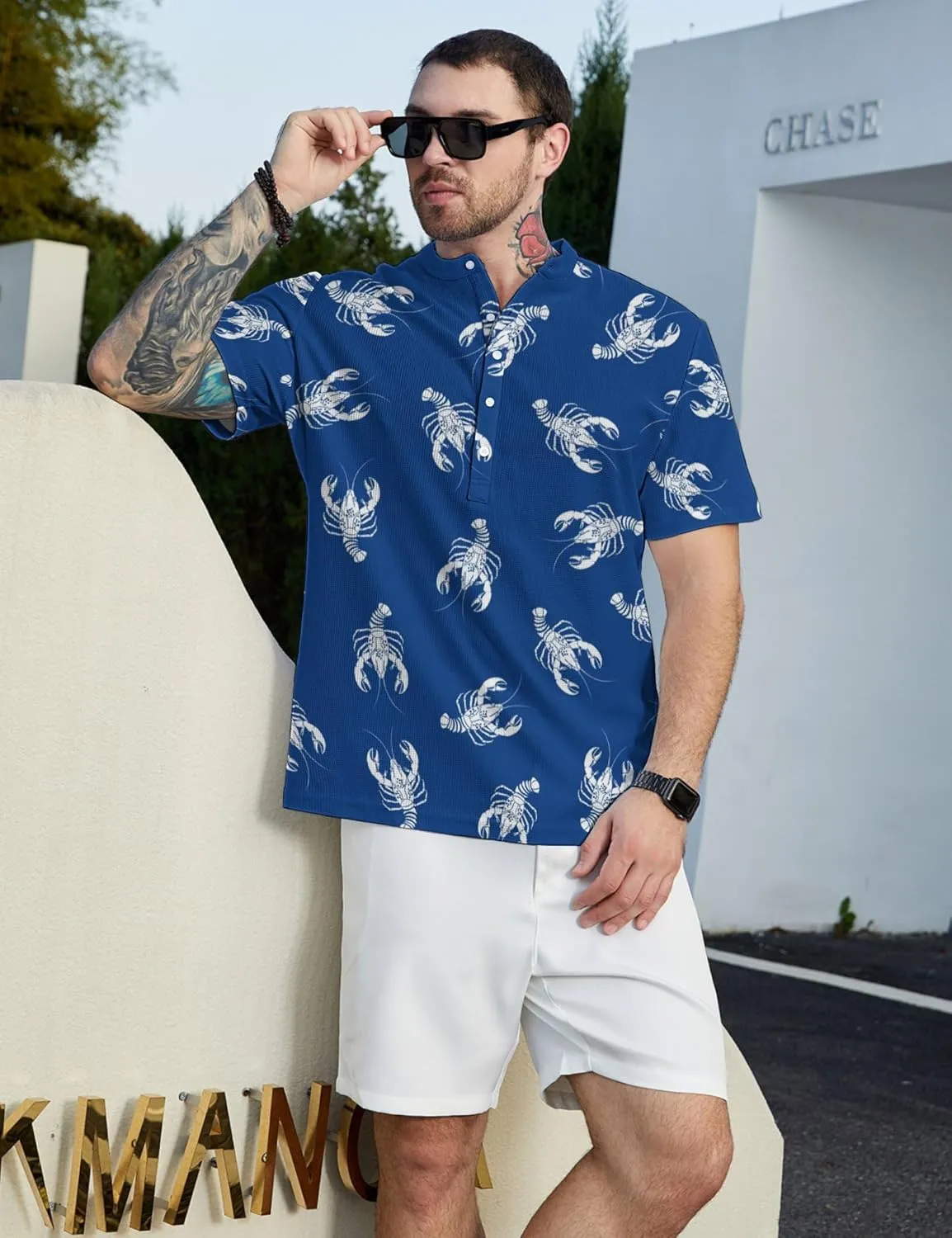 Hawaiian Mens Henley Polo Shirts Short Sleeve Quick Dry Funny Print Casual Collarless Golf Shirts for Men