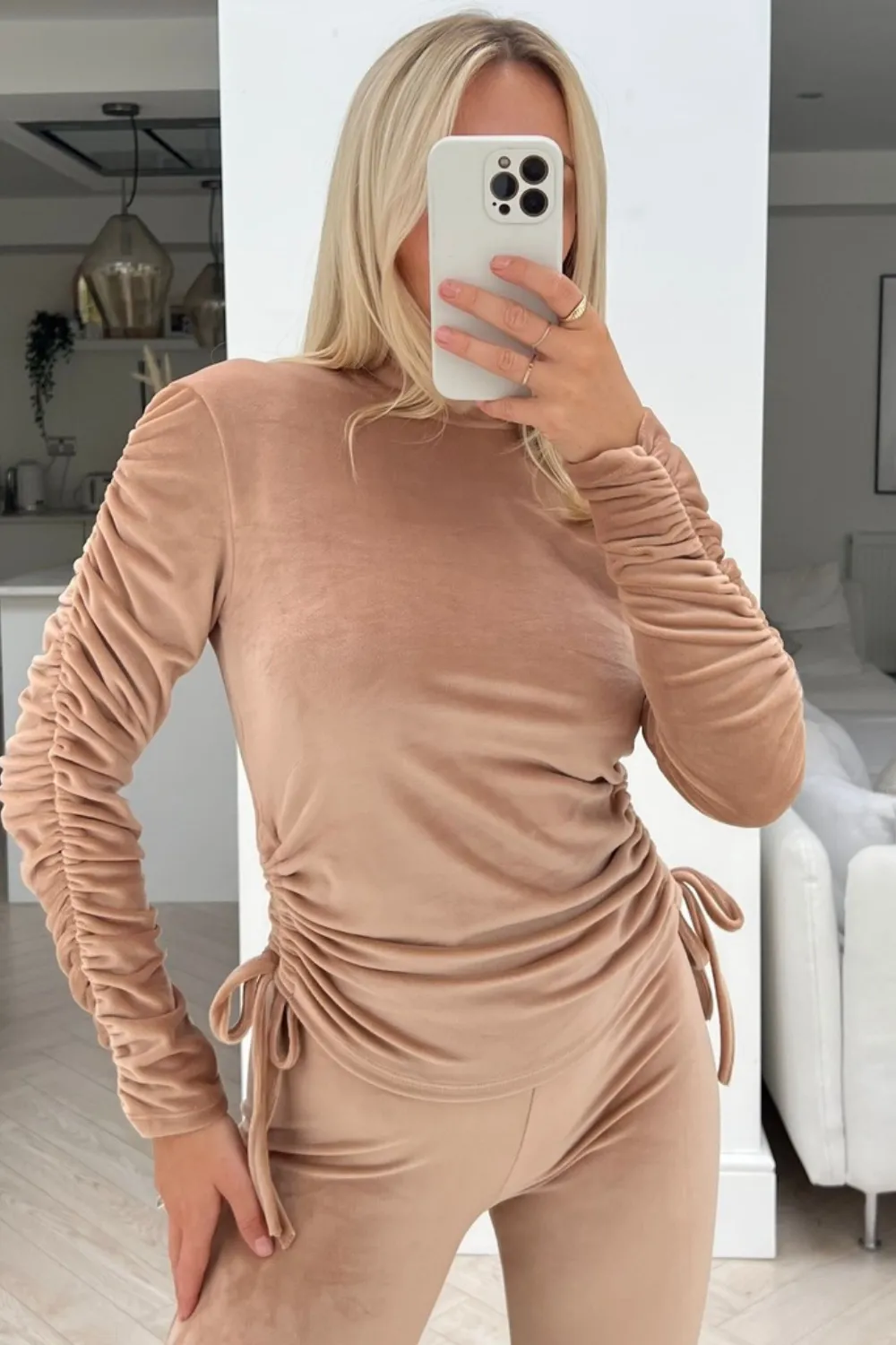 Hayleigh camel velour ruched sleeve loungewear set